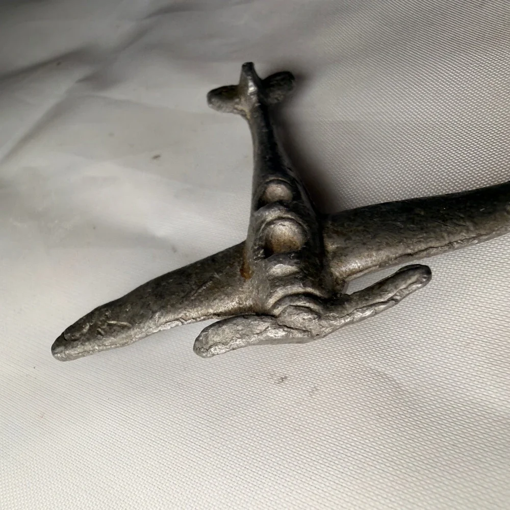 Vtg WW2 Airplane Cast Metal Toy Fighter Style 2 Inch Silver Miniature Propeller